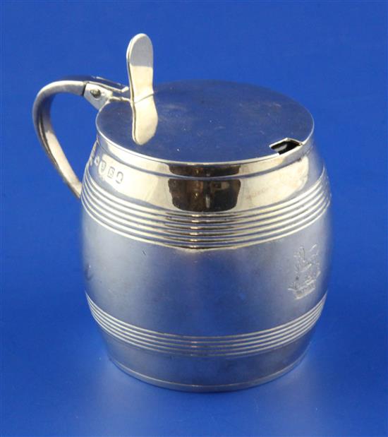A George III silver barrel shaped mustard pot by Robert, David & Samuel Hennell, 3.25in.